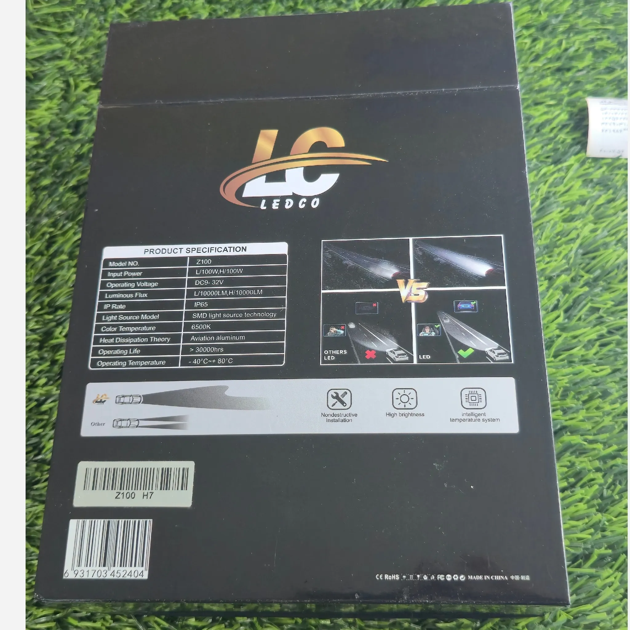هدلایت Z100 پایه H7 گلد طلایی محصولLC شرکت ledco توبیز دوسال گارانتی تعویض 