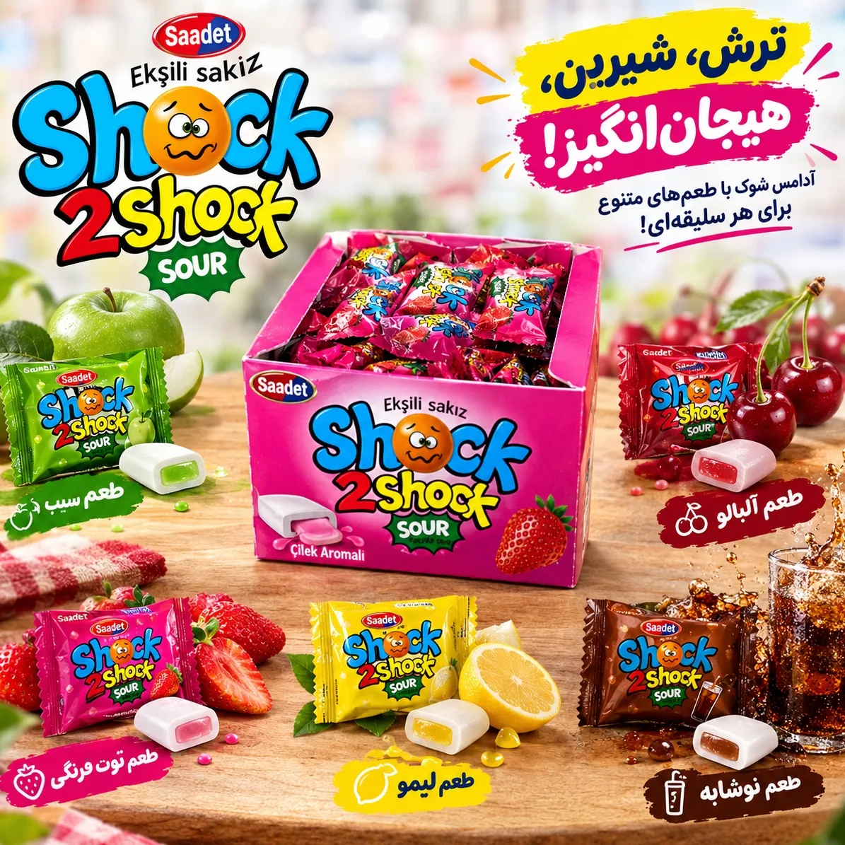 خرید آدامس شوک 2Shock ساعدت | آدامس ترش با طعم سیب، آلبالو، لیمو، توت‌فرنگی و نوشابه