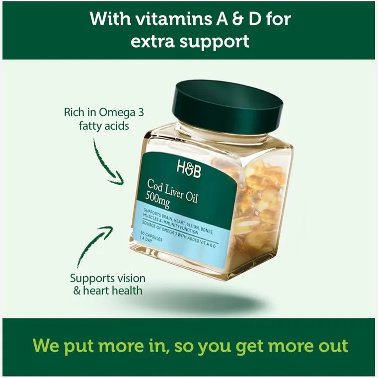 کاد لیور روغن کبد ماهی هالند اند بارت 30عددی Cod liver Holland and Barrett (H.B)