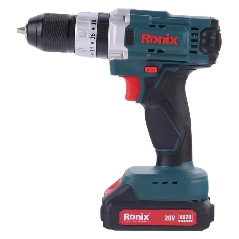 دریل پیچگوشتی شارژی رونیکس مدل RH-8620 با سهنظام خودکار 10 میلیمتر، باتری 20 ولت، سیستم گردش چپگرد و راستگرد، طراحی